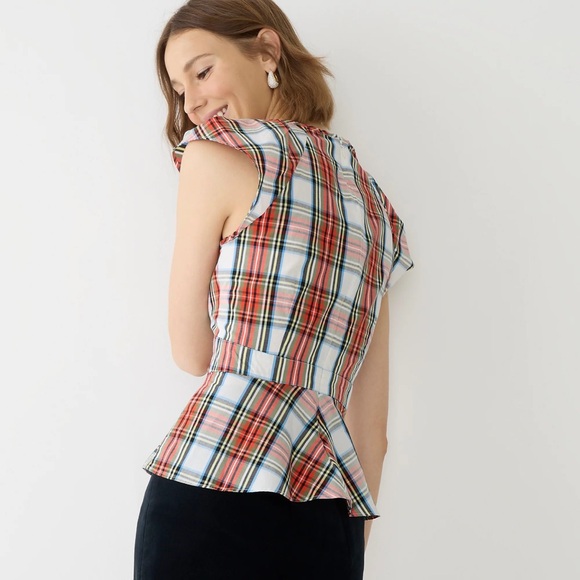 🎄J Crew Cap-sleeve peplum top in Snowy Stewart Tartan Plaid in Ivory, 12 - Picture 3 of 6